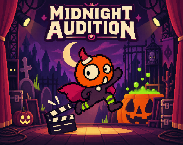 Midnight Audition pixel-art cover showing the pumpkin actor on a spooky film set.
