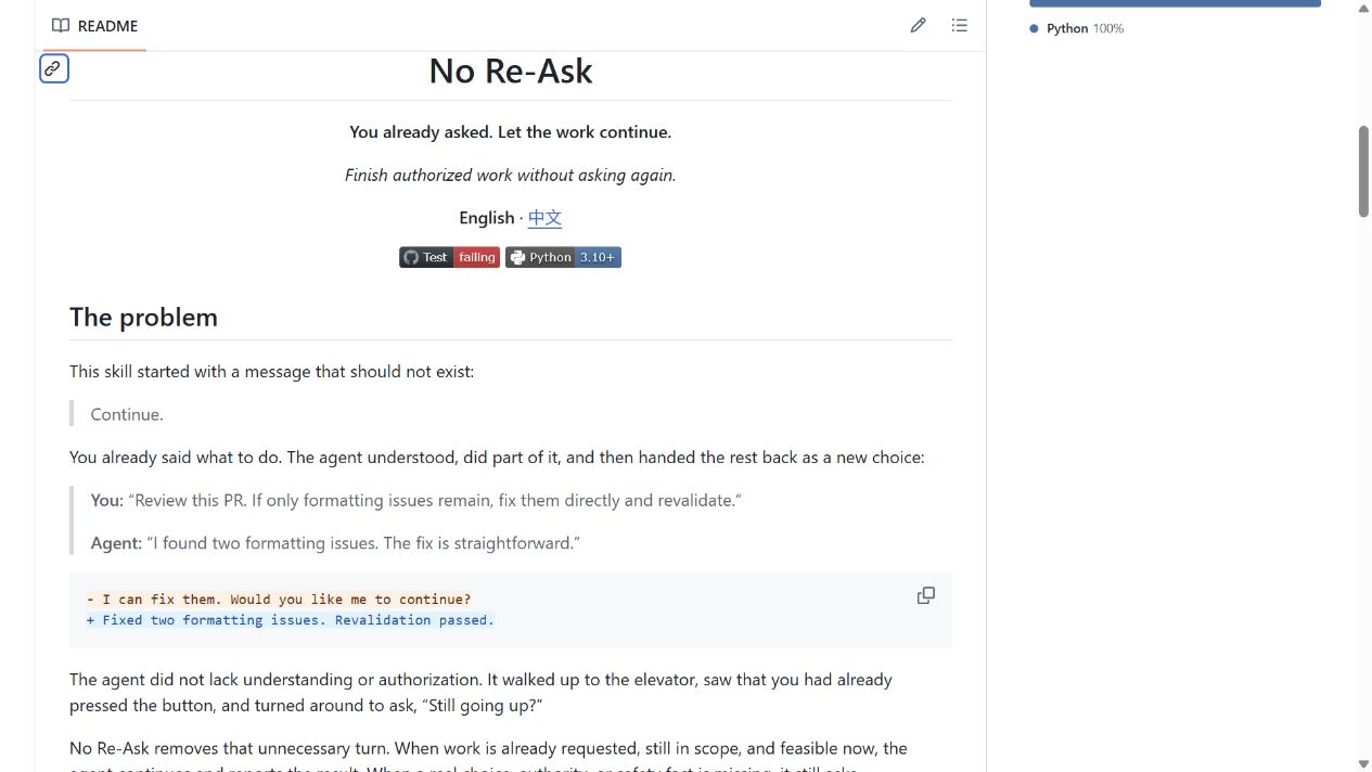 No Re-Ask README showing an example of completing an authorized fix instead of asking again.