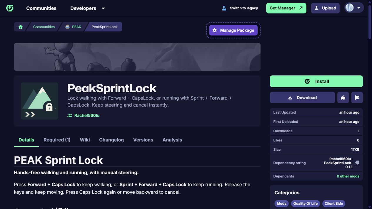 PeakSprintLock release page with movement controls on Thunderstore.