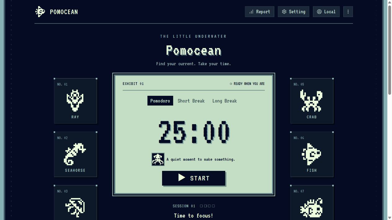Pomocean 25-minute focus timer surrounded by pixel-art sea creatures.